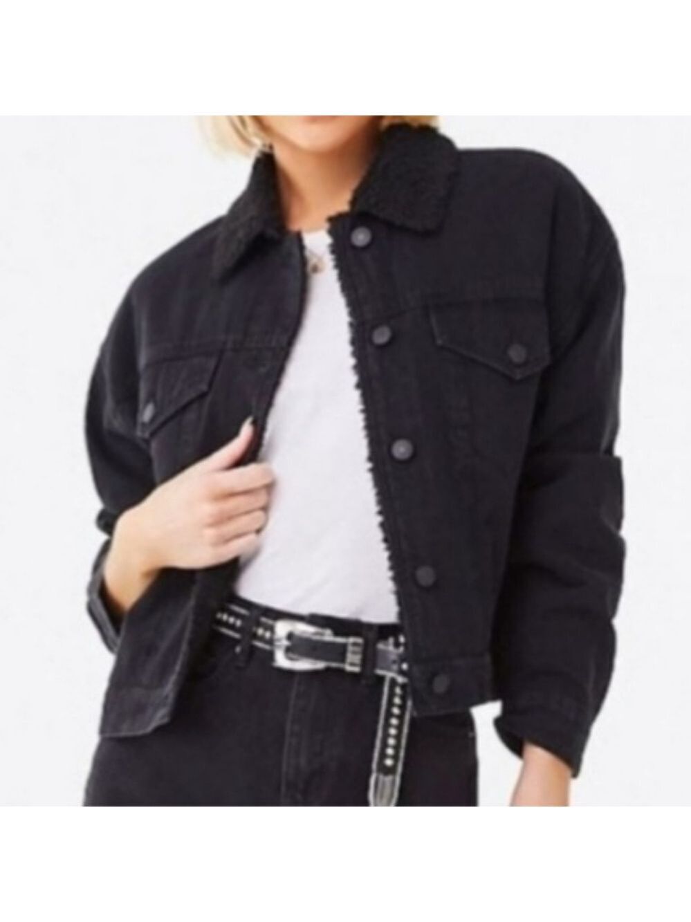 Forever 21 Black Faux Shearling Lined Denim Jacket Small - New With Tags